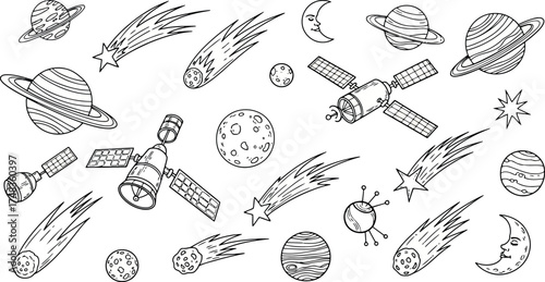Vector art of handdrawn sketch of planets, satellites, and comets in space