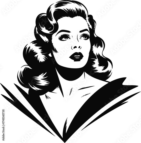 Retro styled woman portrait with vintage hair and clothing silhouette on transparent background