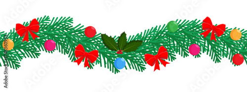 Seamless Christmas Garland pattern with bows, baubles and holly on a line of spruce tree needles, Festive banner graphic element