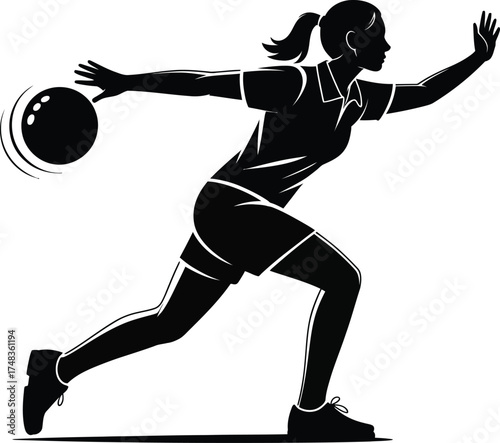 Female bowler in action throwing a bowling ball on transparent background silhouette