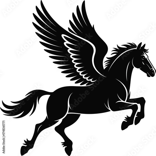 Majestic pegasus with spread wings in black silhouette on transparent background