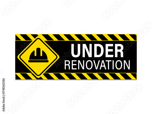 Wallpaper Mural Under renovation. Warning sign with safety helmet symbol , barricade tapes symbol on upper and lower side. Text by side. Horizontal shape, black background. Sticker. Torontodigital.ca