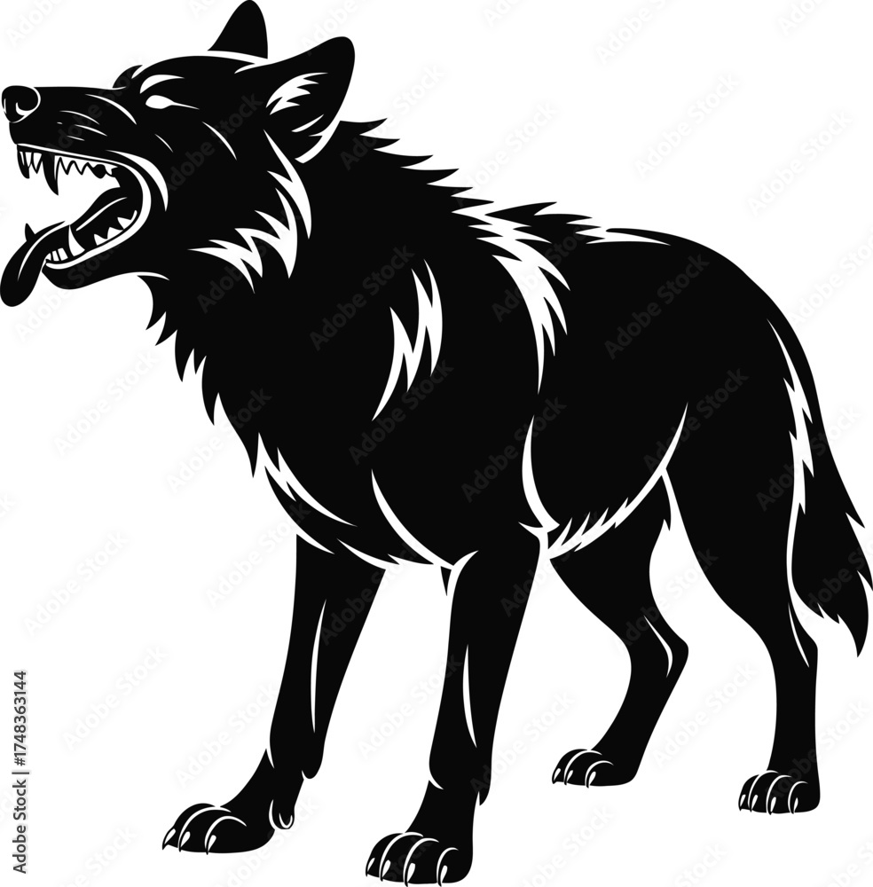 Fototapeta premium Detailed black wolf head roaring sharp teeth dynamic pose on transparent background silhouette