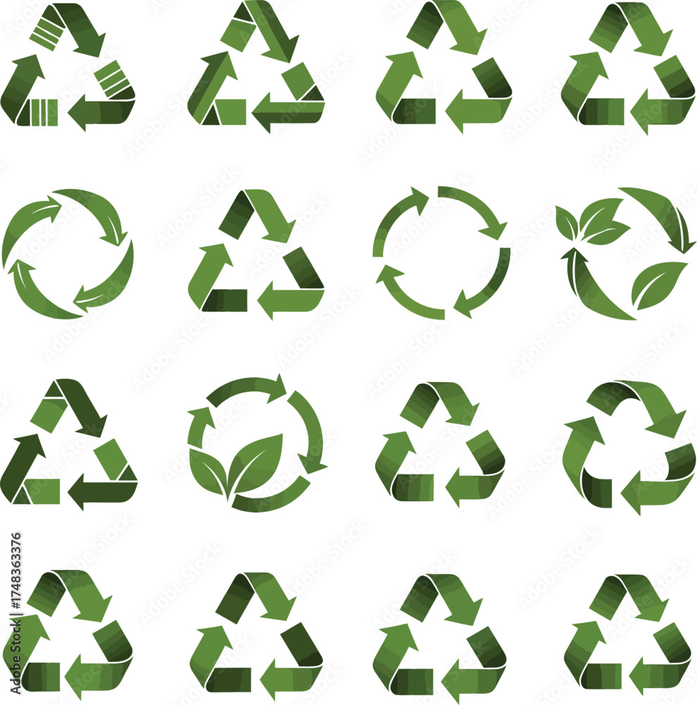 Fototapeta premium Collection of various green recycling symbols and arrows on a white background