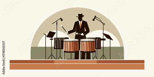Stylized illustration of a male percussionist passionately playing conga drums on stage, evoking the vibrant energy of Latin jazz or world music performances with a retro aesthetic