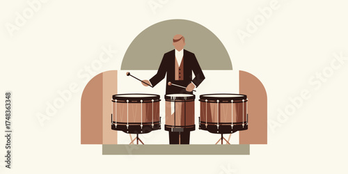 Musical Performance A Vector Illustration of a Drummer Playing Drums on a Stage
