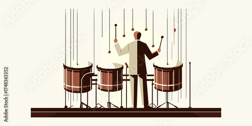 Illustration of a conductor directing a percussion ensemble with three large drums