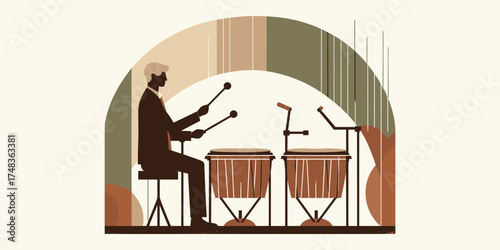 A man playing the timpani drums on stage with a minimalist abstract background