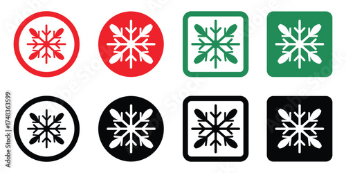 Set of vector snow flake icons in red, green, and black. Circle and square backgrounds. Minimal, modern design for app interface use. Isolated on white.