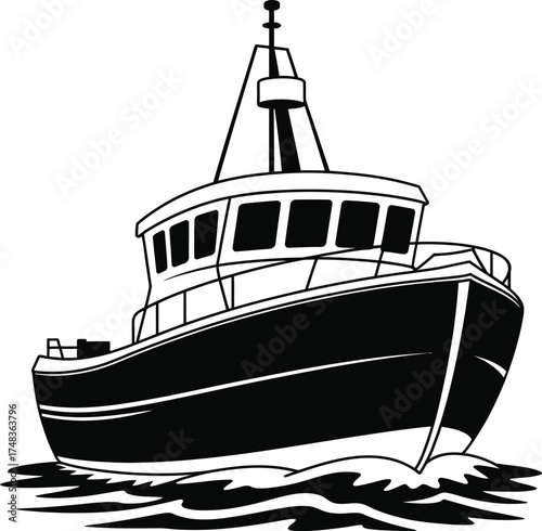 Detailed black and white fishing boat illustration on transparent background silhouette