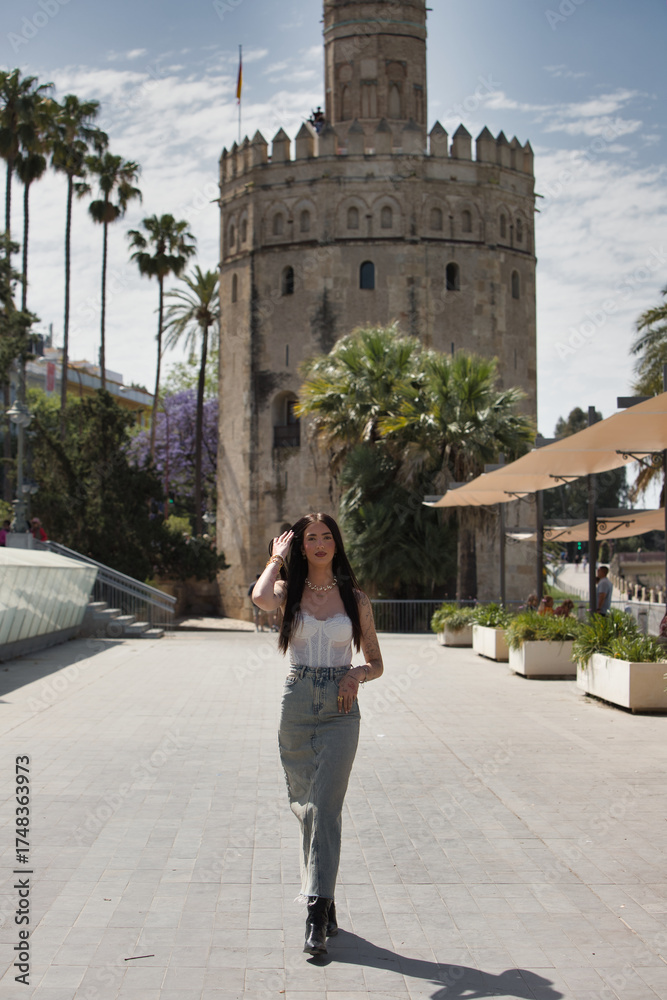Fototapeta premium A young, beautiful Latin woman with tattoos on her arms and dressed in casual clothes walks and poses on a large avenue in the city on a sunny day. In the background is the golden tower of Seville.