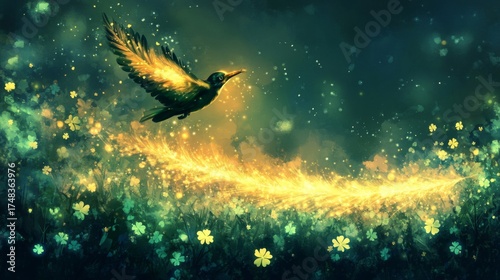 Magical Bird Soaring Through Glowing Field Of Flowers