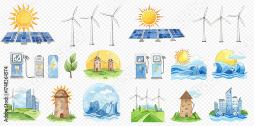 A watercolor illustration set depicting various renewable energy sources and sustainable technologies like solar, wind, hydro, and electric charging.