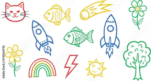 Vector art of collection of colorful crayon drawings of animals, rockets, and nature elements