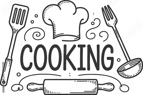 Hand drawn illustration of cooking utensils and chef hat with the word cooking