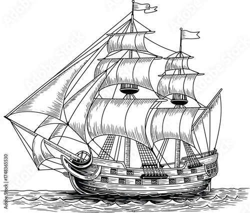 Detailed black and white illustration of a majestic tall ship sailing on the open sea