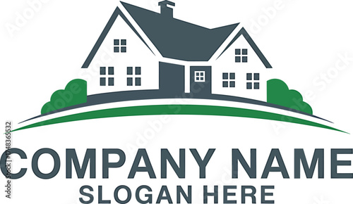 Modern architectural house logo design with green landscaping and placeholder text