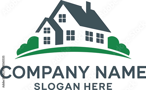 Modern residential house logo with green landscaping and placeholder text for company name