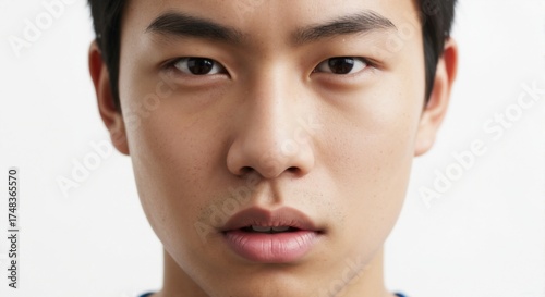 Close-up portrait of a young East Asian man looking at the camera. Headshot with a neutral expression on a white background. Men's skincare and grooming concept
