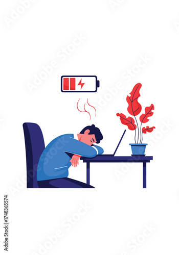 Man exhausted at desk with low battery indicator and wilting plant.