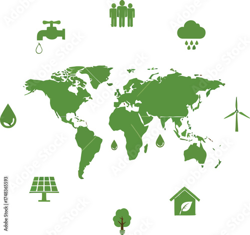 Global environmental conservation icons surrounding a green world map illustrating sustainability concepts