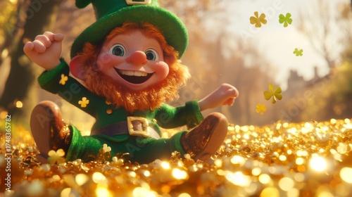 Happy Leprechaun Sitting In Golden Treasure