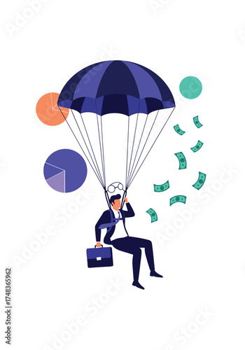A businessman descends safely with a parachute and money raining down.