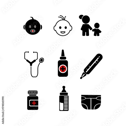 Medical care essentials for babies displayed as simple black and white symbols representing health, wellness, and parental care, child healtcare.
