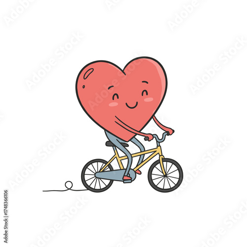Heart character riding a bicycle illustration for Valentine's Day cards and healthy lifestyle promotions