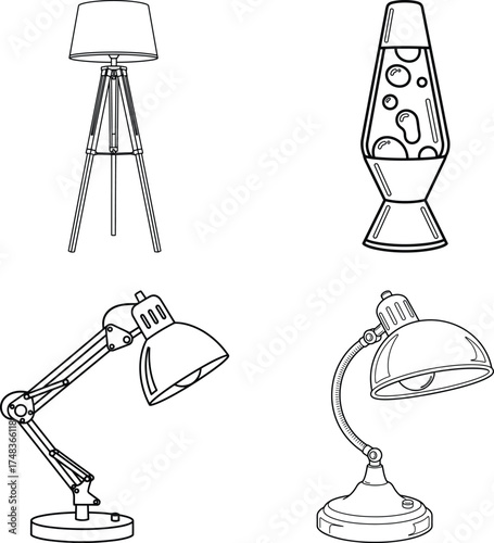 Set of four sketch style lighting fixture icons for interior design, line art illustration for children's simple coloring book