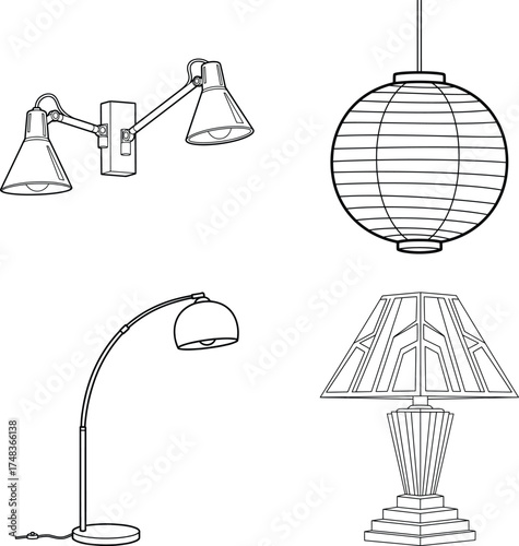 Collection of diverse lamps and lighting fixtures outline icons, line art illustration for children's simple coloring book