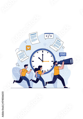 Agile team running towards future deadlines with a clock in the background.