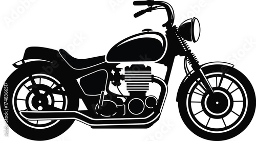 Vintage motorcycle illustration side view black and white isolated on transparent background silhouette