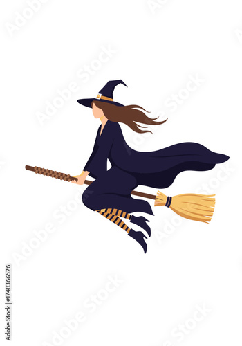 A witch flying on a broomstick during a dark night.