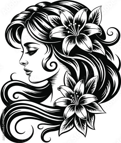 Elegant woman with floral hair design black and white on transparent background silhouette