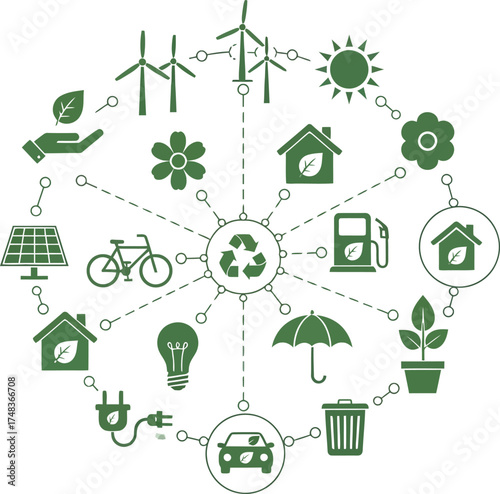 Circular diagram illustrating eco friendly renewable energy sources and sustainable living concepts