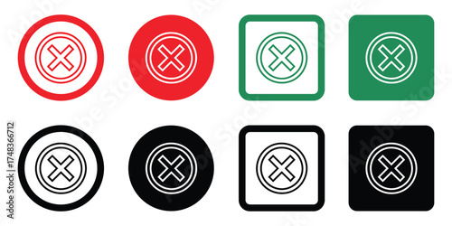 Set of vector Wrong Icons in red, green, and black. Circle and square backgrounds. Minimal, modern design for app interface use. Isolated on white. 