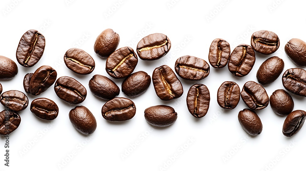Fototapeta premium A top view of roasted coffee beans scattered on a white surface in a horizontal arrangement style