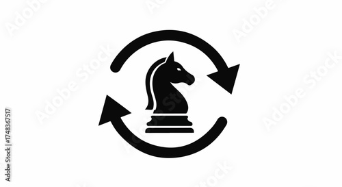 Black knight chess piece icon with circular arrows on white background, symbolizing strategy and movement.