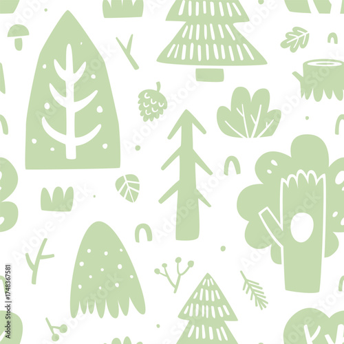Scandinavian pattern with forest plants. Seamless woodland vector background.