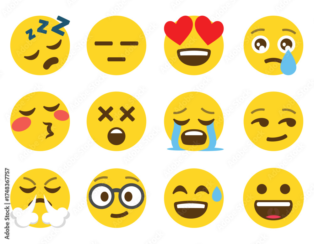 Fototapeta premium A collection of twelve yellow circular emojis expressing various emotions and facial expressions vector