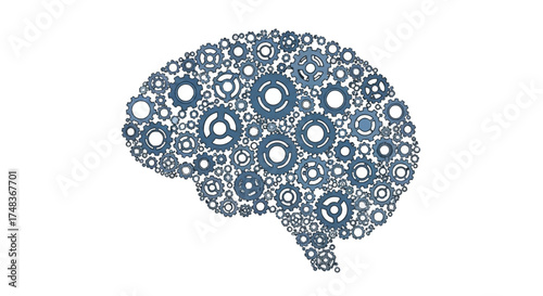 Blue and white illustration of a human brain composed of various sized circles on a plain white background.