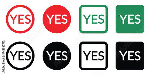 Set of vector "yes" icons in red, green, and black. Circle and square backgrounds. Minimal, modern design for app interface use. Isolated on white. 