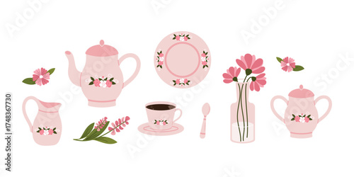 Beautiful vintage tableware set with a floral pattern for tea or coffee. Vector design.