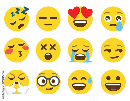 A collection of twelve yellow circular emojis expressing various emotions and facial expressions vector