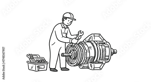 Mechanic repairing gear with toolkit in hand drawn style