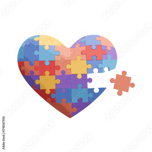 Colorful heart made of puzzle pieces with one piece detached, for psychologists, articles on mental health, love 
