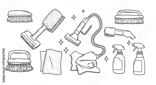 Cleaning tools in hand drawn style with brushes, vacuum, and sprays