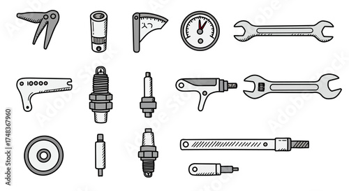 Hand-drawn tool set: diverse mechanical and carpentry instruments