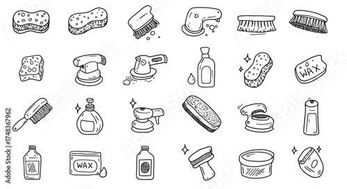 Hand-drawn cleaning tools and supplies set with brushes and sponges